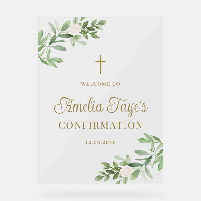 White Flowers and Greenery Confirmation Welcome Acrylic Sign (Front)