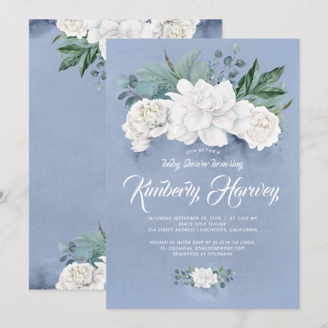 White Flowers and Greenery Dusty Blue Baby Shower Invitation (Front/Back)