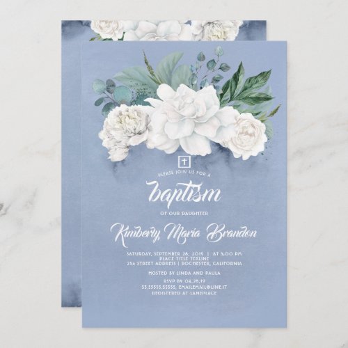 White Flowers and Greenery Dusty Blue Baptism Invitation