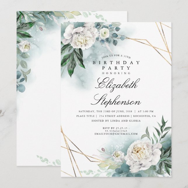 White Flowers and Greenery Elegant Birthday Party Invitation (Front/Back)