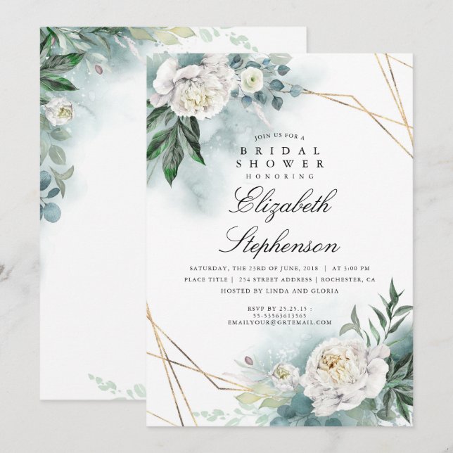 White Flowers and Greenery Elegant Bridal Shower Invitation (Front/Back)