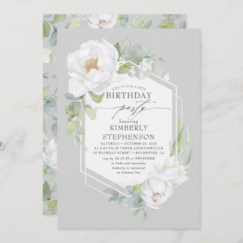 White Flowers and Greenery Elegant Modern Birthday Invitation