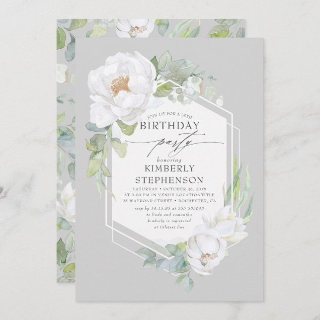 White Flowers and Greenery Elegant Modern Birthday Invitation (Front/Back)