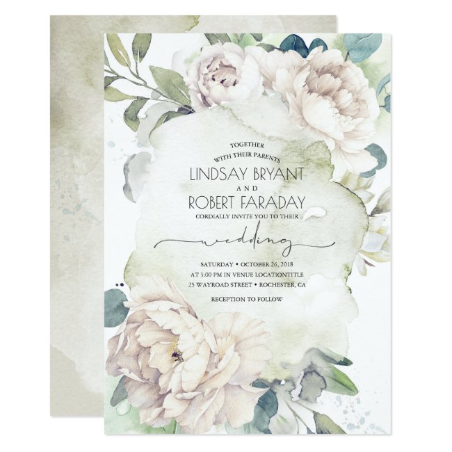 White Flowers and Greenery Elegant Vintage Wedding Invitation