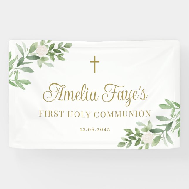 White Flowers and Greenery First Holy Communion Banner (Horizontal)