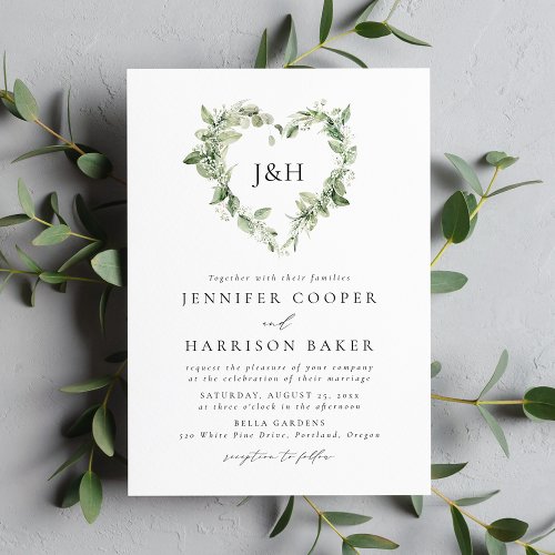 White Flowers and Greenery Heart Monogram Wedding Invitation