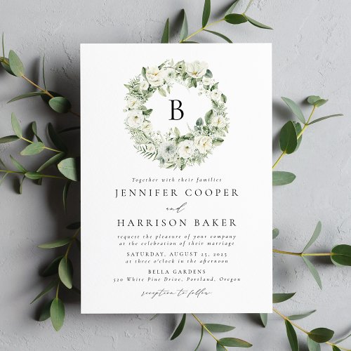 White Flowers and Greenery Monogram Wedding Invitation