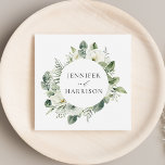 White Flowers and Greenery Personalized Wedding Napkins<br><div class="desc">Elegant floral wedding napkins featuring your names encircled by painted white gardenia flowers,  sprigs of baby's breath,  dahlias,  sage green fern leaves,  and vibrant green leaves. Perfect for wedding rehearsal dinners and wedding receptions! Designed to coordinate with our Lush White Flowers and Greenery collection.</div>