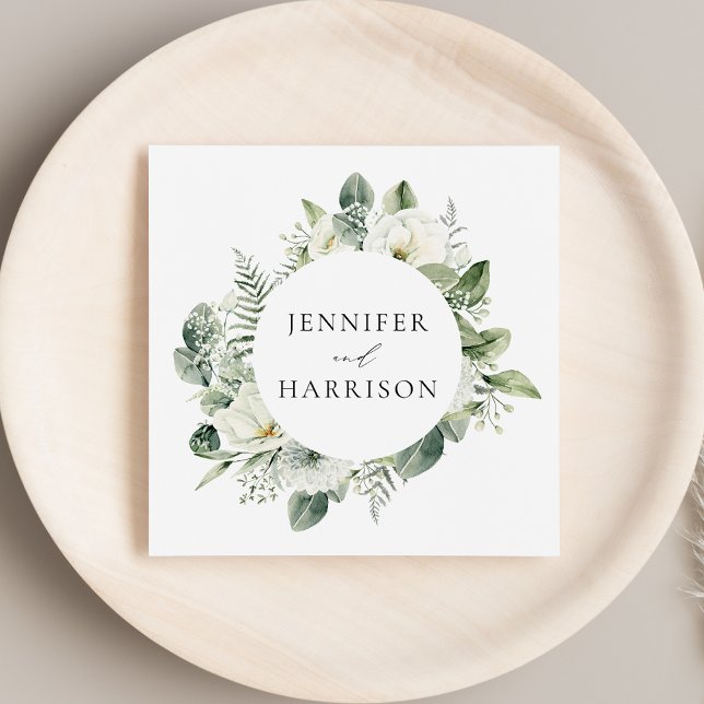 White Flowers and Greenery Personalized Wedding Napkins (Creator Uploaded)
