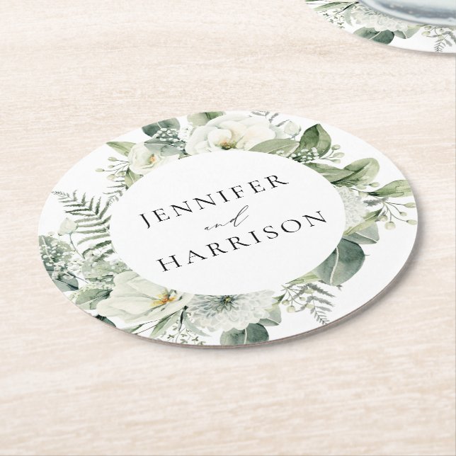 White Flowers and Greenery Personalized Wedding Round Paper Coaster (Angled)