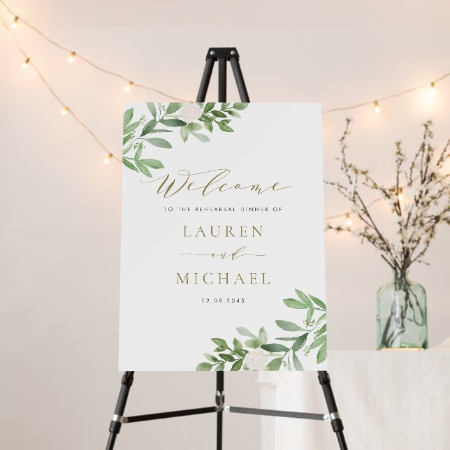 White Flowers and Greenery Rehearsal Dinner Foam Board (In Situ (Stand))