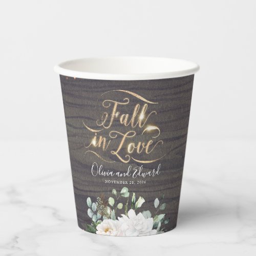 White Flowers and Greenery Rustic Fall in Love Paper Cups
