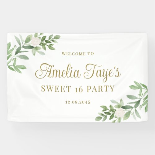 White Flowers and Greenery Sweet 16 Party Banner