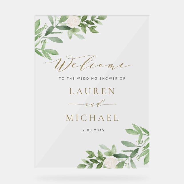 White Flowers and Greenery Wedding Shower Acrylic Sign (Front)
