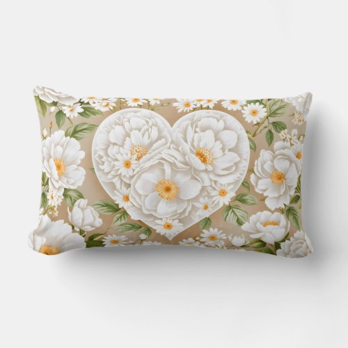 White Flowers and Heart_Shaped Floral Lumbar Pillow