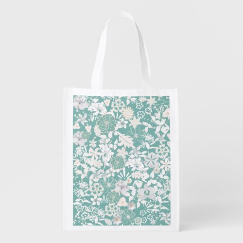 White Flowers and Leaves  Grocery Bag