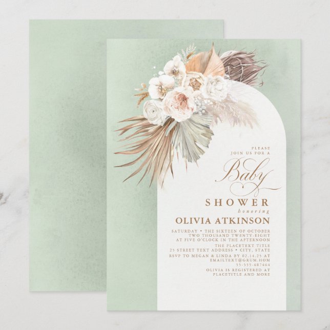 White Flowers and Pampas Grass Boho Baby Shower Invitation (Front/Back)