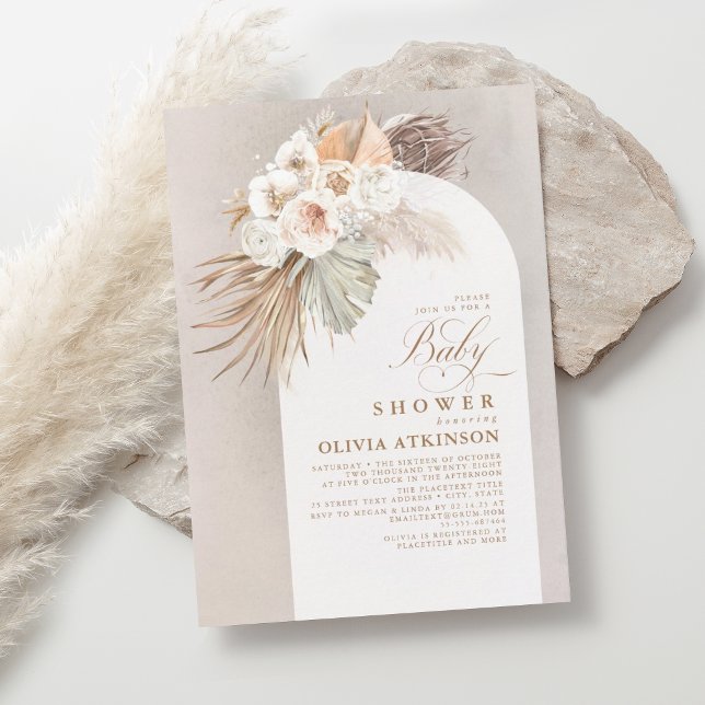 White Flowers and Pampas Grass Boho Baby Shower Invitation