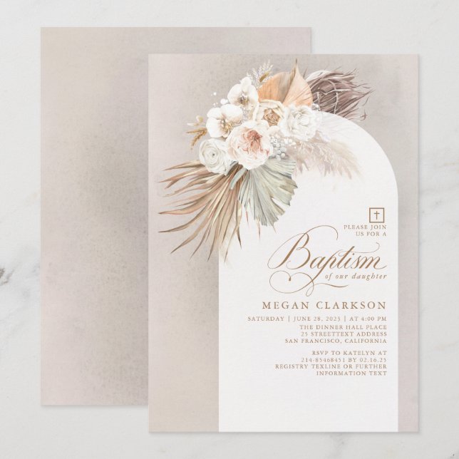 White Flowers and Pampas Grass Boho Baptism Invitation (Front/Back)