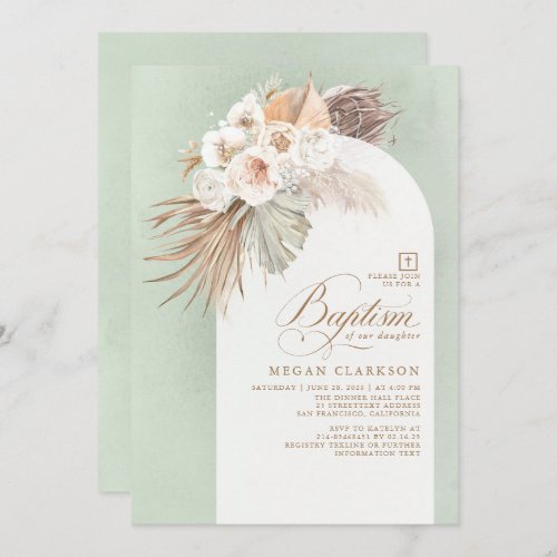 White Flowers and Pampas Grass Boho Baptism Invitation