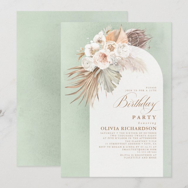 White Flowers and Pampas Grass Boho Birthday Invitation (Front/Back)