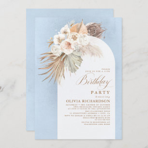 White Flowers and Pampas Grass Boho Birthday Invitation