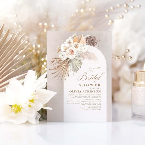 White Flowers and Pampas Grass Boho Bridal Shower Invitation