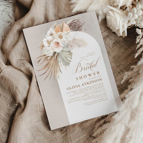 White Flowers and Pampas Grass Boho Bridal Shower Invitation