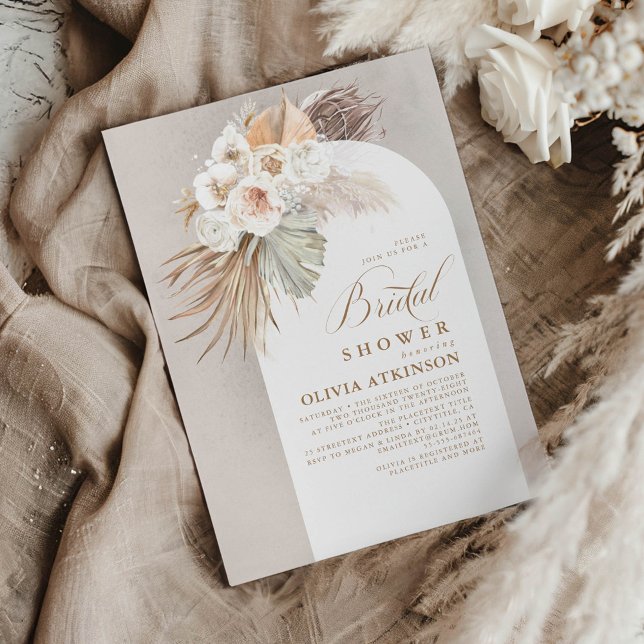 White Flowers and Pampas Grass Boho Bridal Shower Invitation (Boho Beige Bridal Shower Invitations)