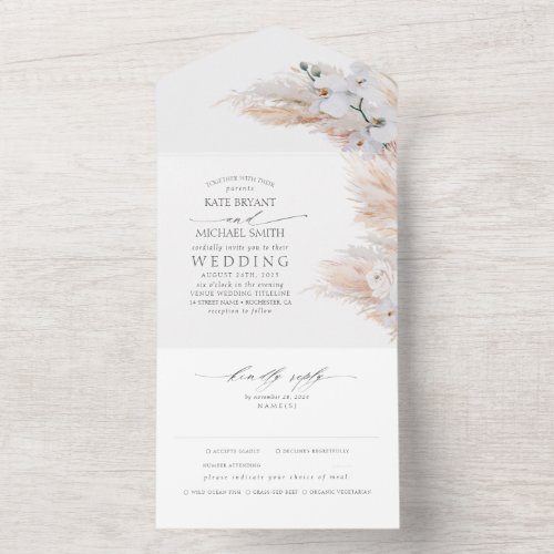White Flowers and Pampas Grass Elegant Wedding All In One Invitation