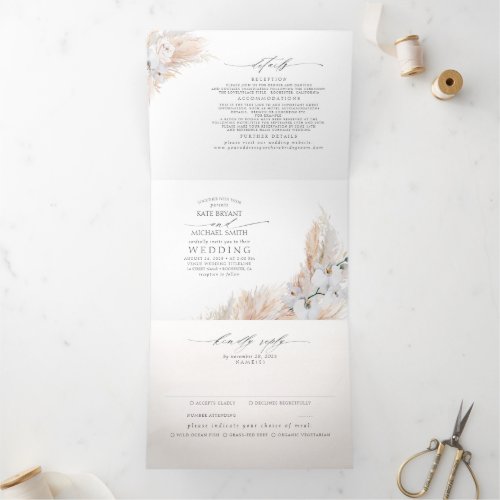 White Flowers and Pampas Grass Elegant Wedding Tri_Fold Invitation