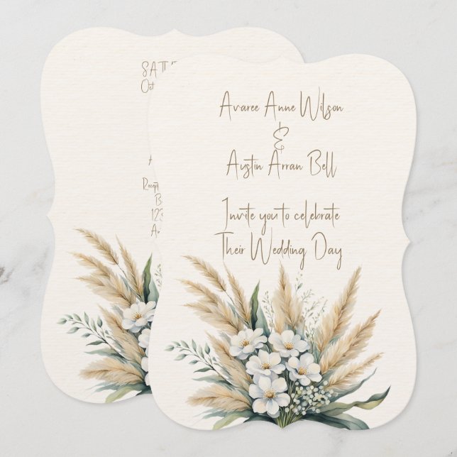 White Flowers and Pampas Grass Invitation (Front/Back)
