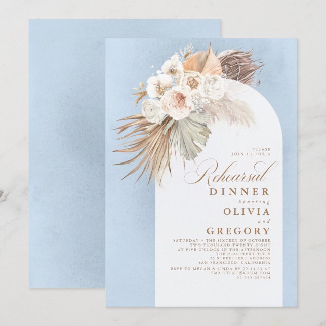 White Flowers and Pampas Grass Rehearsal Dinner Invitation (Front/Back)