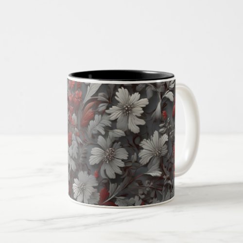 White flowers and red leaves on grey background Two_Tone coffee mug