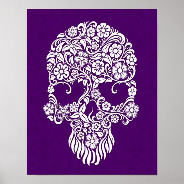 White Flowers and Vines Skull Design on Purple Poster (Front)
