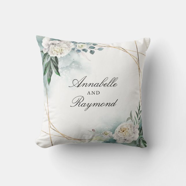 White Flowers and Watercolor Greenery Elegant Chic Throw Pillow (Front)