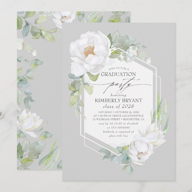 White Flowers and Watercolor Greenery Graduation Invitation (Front/Back)