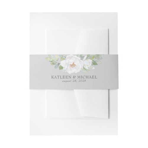 White Flowers and Watercolor Greenery Wedding Invitation Belly Band