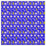 WHITE FLOWERS AND YELLOW PARROTS ON BLUE FABRIC