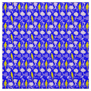 WHITE FLOWERS AND YELLOW PARROTS ON BLUE FABRIC
