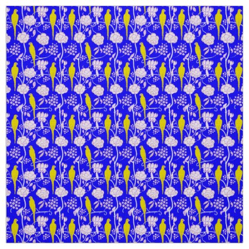WHITE FLOWERS AND YELLOW PARROTS ON BLUE FABRIC