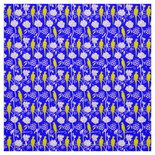 WHITE FLOWERS AND YELLOW PARROTS ON BLUE FABRIC