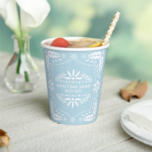 White flowers baby blue papel picado baby shower paper cups