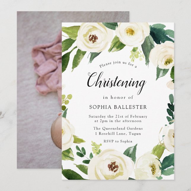 White Flowers Baby Photo Christening Baptism Invitation (Front/Back)