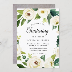 White Flowers Baby Photo Christening Baptism Invitation