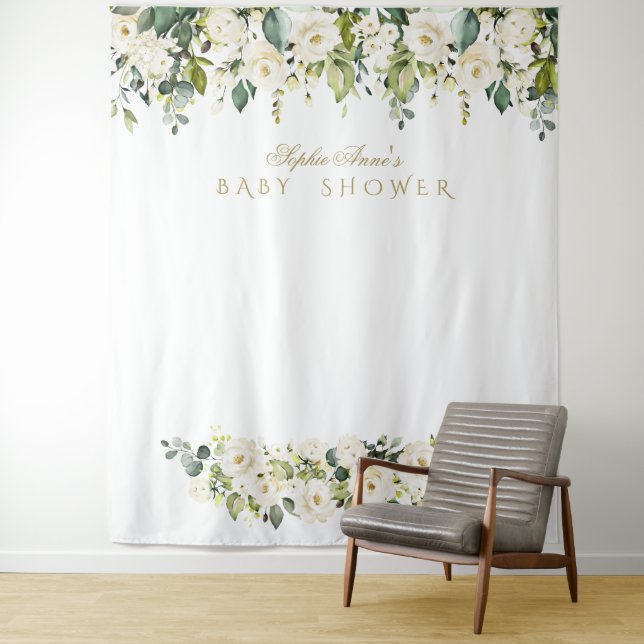 White Flowers Baby Shower Photo Booth Backdrop (In Situ)