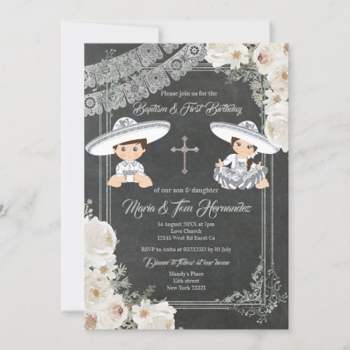 White Flowers Baptism and Birthday Fiesta Twin   Invitation