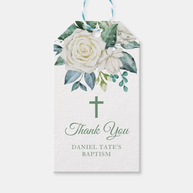 White Flowers Baptism Gift Tags (Front)