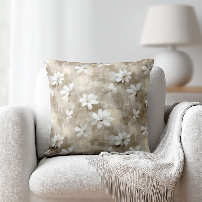 White Flowers Beige Throw Pillow (Creator Uploaded)