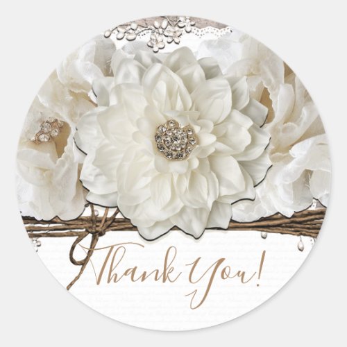 White Flowers  Birch Rustic Glam Bridal Shower Classic Round Sticker